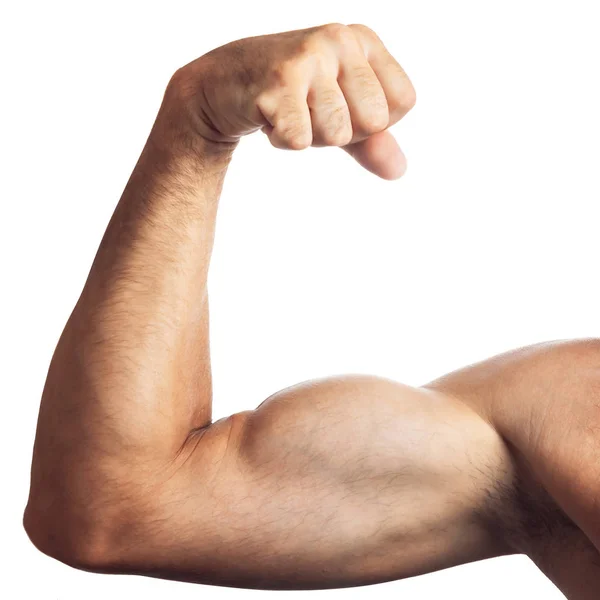 Cropped muscular man flexing bicep. Isolated on white — Stock Photo, Image