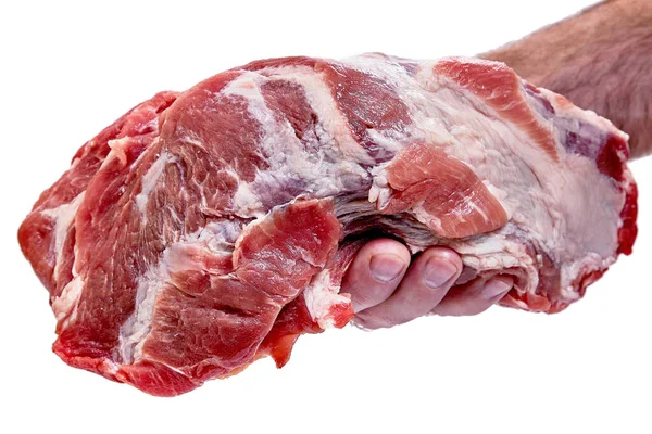Ada Tangan Manusia Memegang Sepotong Besar Daging Babi Mentah Terisolasi — Stok Foto
