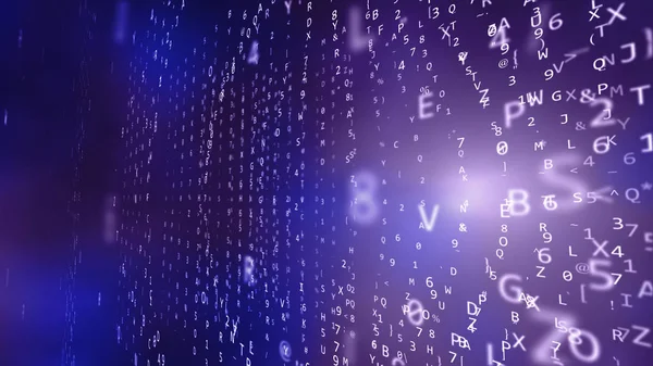 Volumetric holographic bright letters and numbers flying randomly on purple background