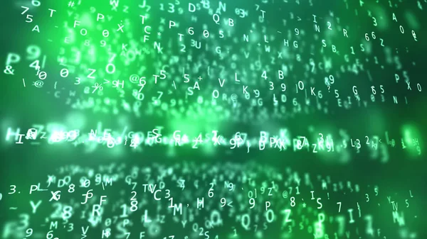 Volumetric holographic bright letters and numbers flying randomly on green background