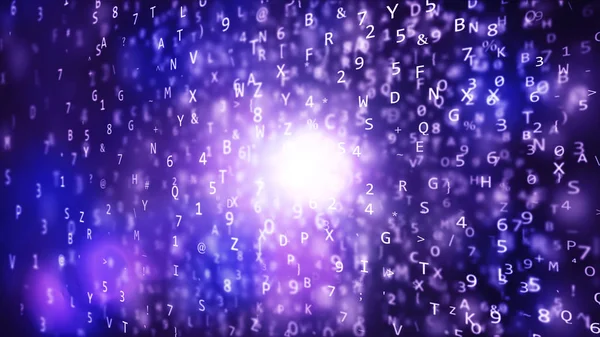 Volumetric holographic bright letters and numbers flying randomly on puple background