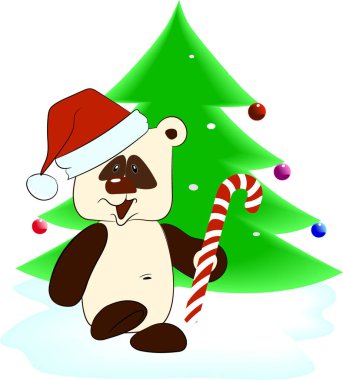 Santa Panda Noel ağacının bir arka plan üzerinde şapkalı