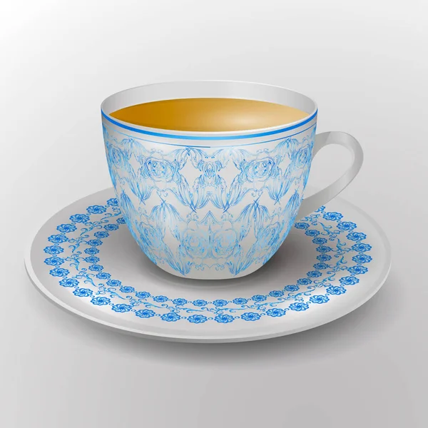 Tasse Und Untertasse Mit Blauem Ornament Verziert Vektor — Stockvektor