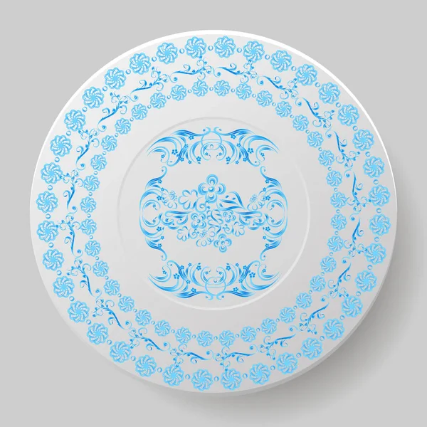 Belle Assiette Décorée Avec Ornement Bleu — Image vectorielle