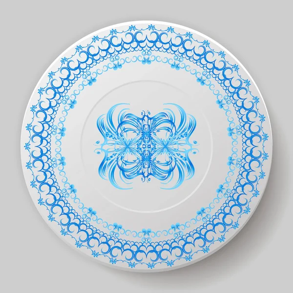 Красивая Тарелка Украшенная Синим Орнаментом — стоковый вектор