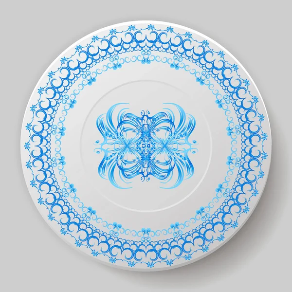 Belle Assiette Décorée Avec Ornement Bleu — Image vectorielle