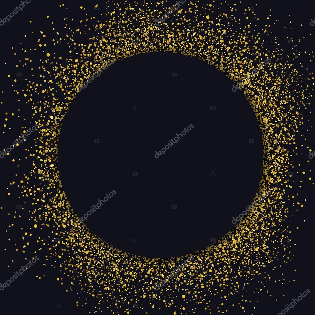Gold sparkles on black background. Black circle shape for text
