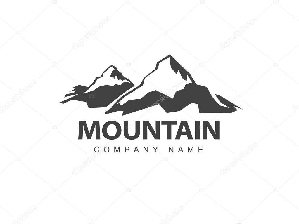 Mountains logo template with abstract peaks background. Logotype on mountain monochrome abstract background. Mountaineering and Traveling illustration