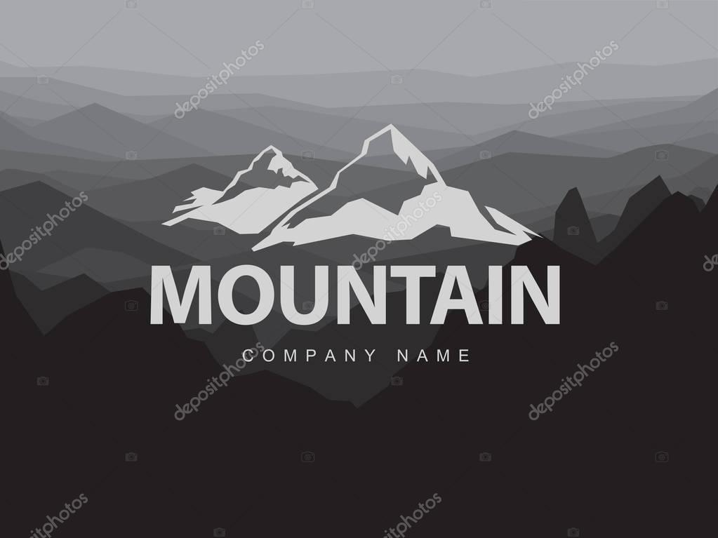Mountains logo template with abstract peaks background. Logotype on mountain monochrome abstract background. Mountaineering and Traveling illustration