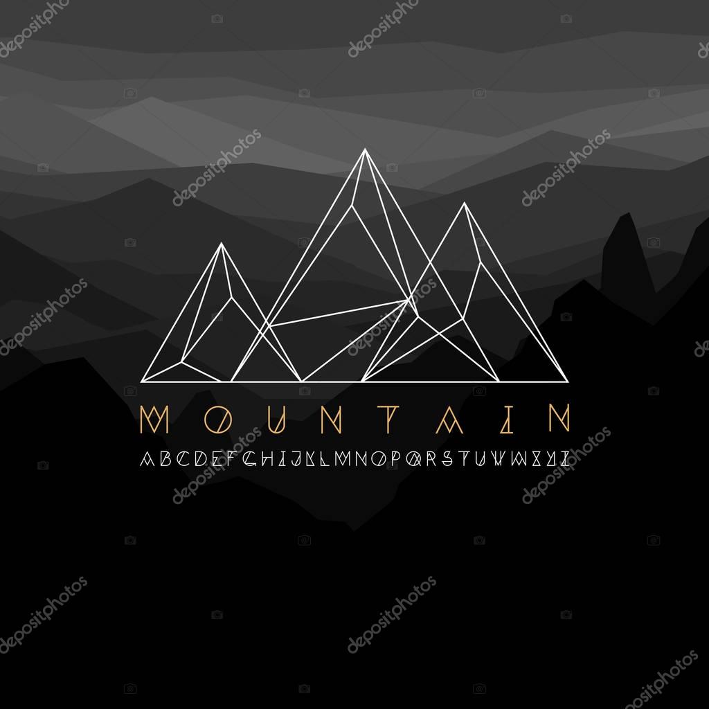 Mountain line art icon, outline vector logo illustration, linear pictogram isolated on black. With thin line alphabet for your headline. On mountains monochrome background.