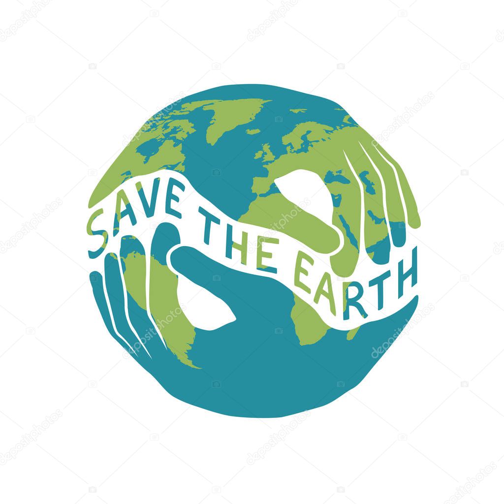 Logotype with two hands shaped hold planet with inscription Save Earth , Earth day celebration concept