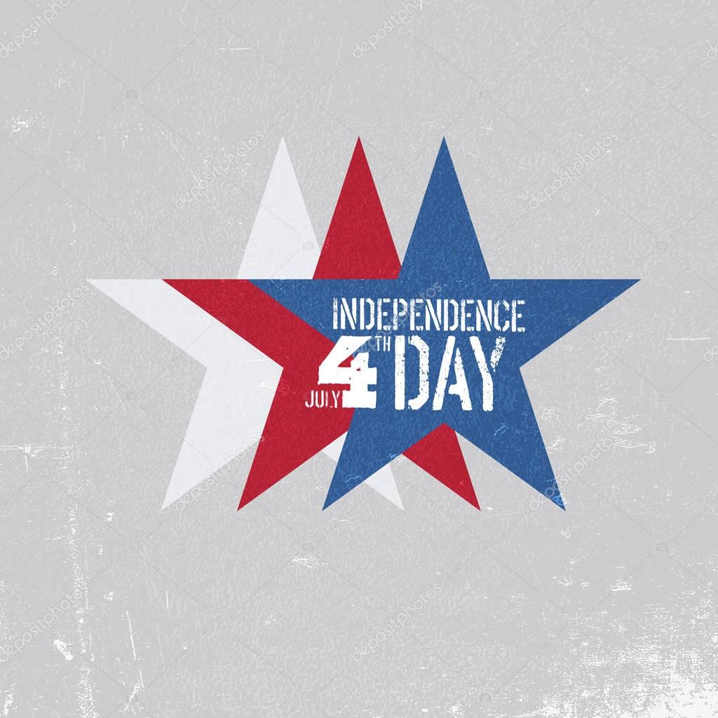 Independence day greeting card. Patriotic design template. Three stars colored in red, white, blue. Grunge textures in layers and can be edited.