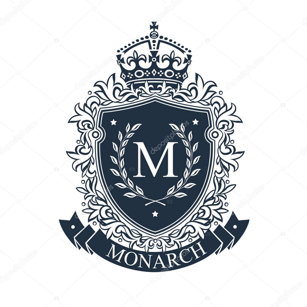 Royal coat of arms. Heraldic royal emblem shield with crown and laurel wreath. Vector illustration