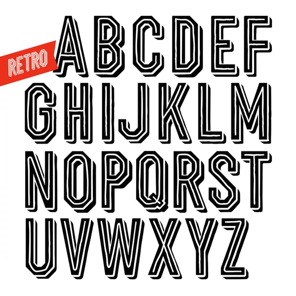 Handgemaakt retro inline & zwarte schaduw lettertype. — Stockvector