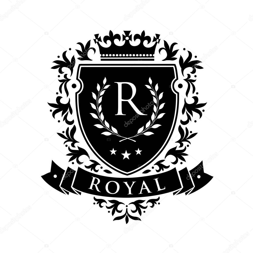 Heraldic emblem shield with crown and laurel wreath