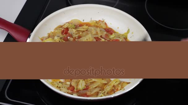 Person Cooking and Stirring Vegetables in a Pan — Stock Video