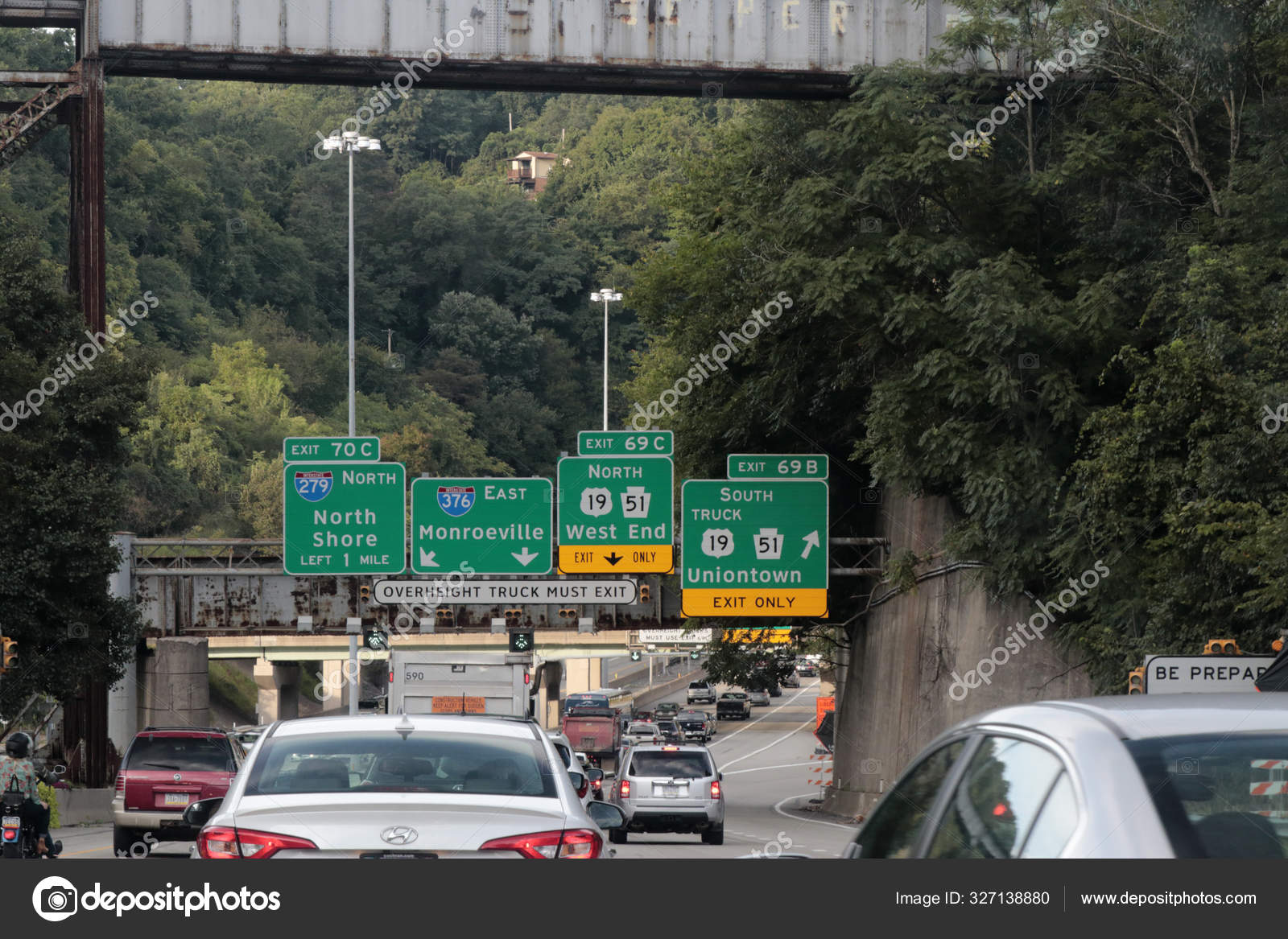 Many Highway Signs and Summer Vehicle Traffic in Pittsburgh Stock