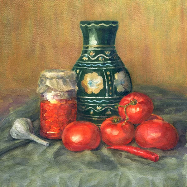 Akvarelu Zátiší s rajčaty. — Stock fotografie