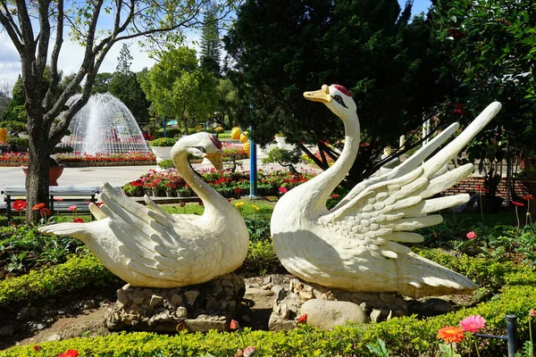 Swans in Flower Garden — Stock Photo, Image