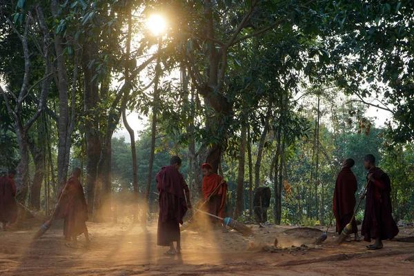 젊은 승려는 마당 청소 — 스톡 사진