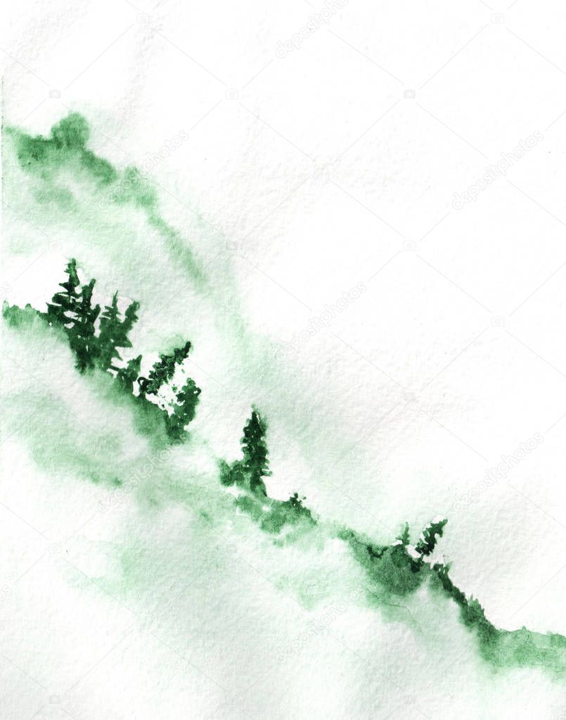 Watercolor hand drawn landscape. Foggy mountain