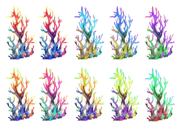 Ручной рисунок акварелью разноцветных кораллов на белом фоне . — стоковое фото