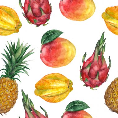 Ananas, mango, carambola, dragon meyve ile Seamless modeli. Tropikal, egzotik, moda. Suluboya, elle çizilmiş