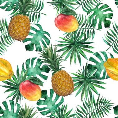 Ananas, mango, starfruit, carambola ve yaprakları ile Seamless modeli. Tropikal, egzotik, moda. Suluboya, elle çizilmiş