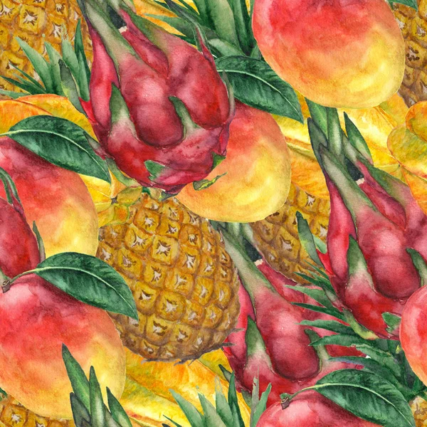 Seamless pattern with pineapple, mango, starfruit, carambola and leaves. Tropical, exotic, fashion. Watercolor, hand drawn