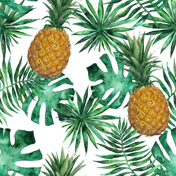 Seamless pattern with pineapple and leaves. Tropical, exotic, fashion. Watercolor, hand drawn