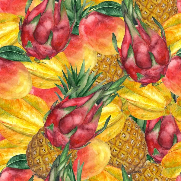 Seamless pattern with pineapple, mango, carambola, dragon fruit. Tropical, exotic, fashion. Watercolor, hand drawn