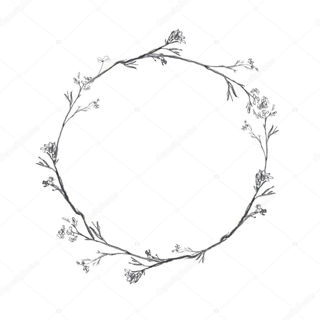 Pencil hand drawn painting of wooden wreath with berries