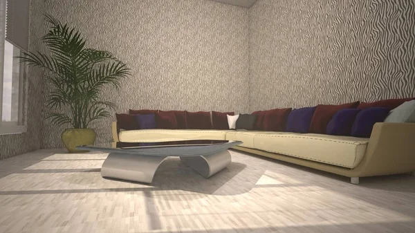 3D-Darstellung des Wohnzimmerinnenraums — Stockfoto