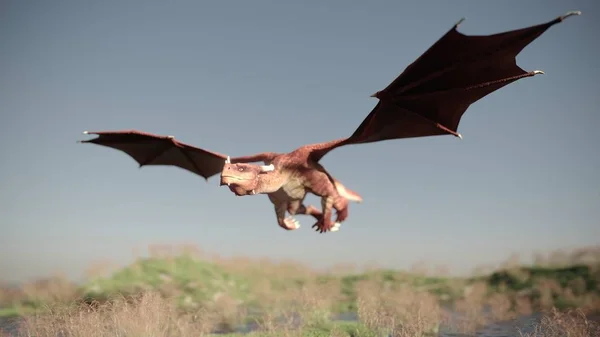 3d rendering of the red dragon flying over the grassy terrain