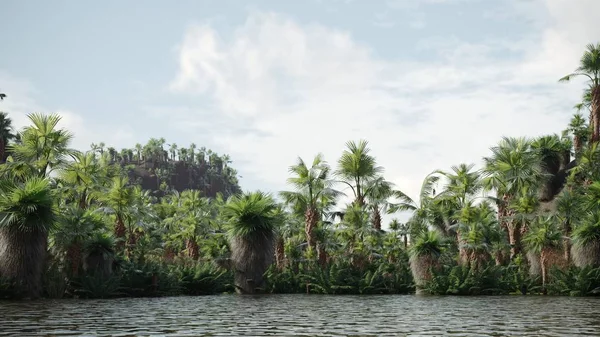 Dino Locatie Met Palmen Rivier Stockafbeelding