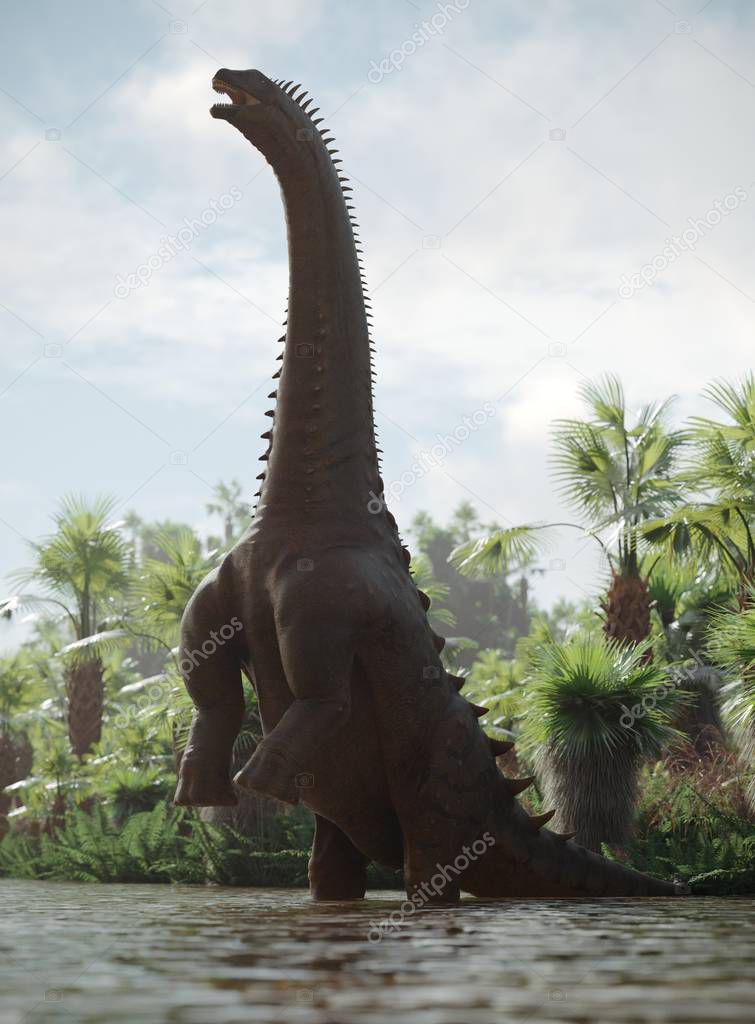 3d rendering of the walking alamosaurus dinosaur