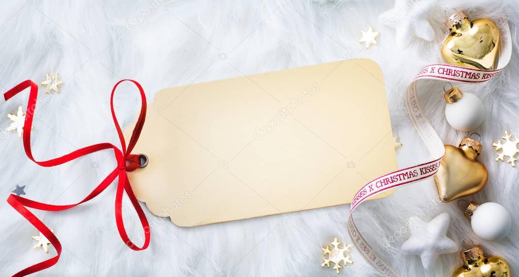 Christmas card; Holidays background with Xmas decoration on whit