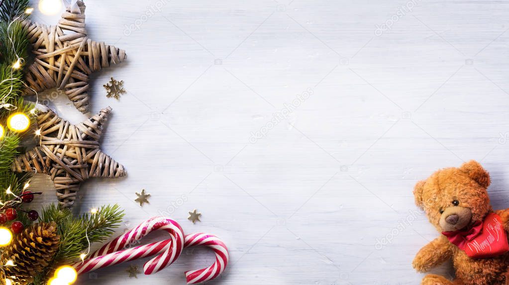 Christmas holidays composition on white wooden background with c