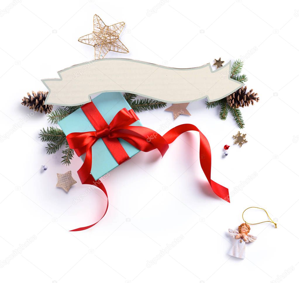 Christmas holiday Decoration; Christmas gift, fir tree branches 