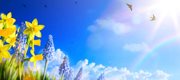 Fondo de paisaje de primavera con flores frescas de primavera — Imagen de stock Fondo de paisaje de primavera con flores frescas de primavera Fotos De Stock
