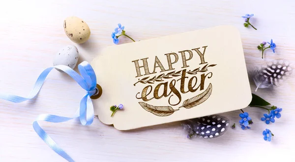 Easter card; Easter eggs and spring flovers on wood background — Stock Photo, Image