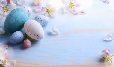 art Easter background with Easter eggs and spring flowers.  clipart