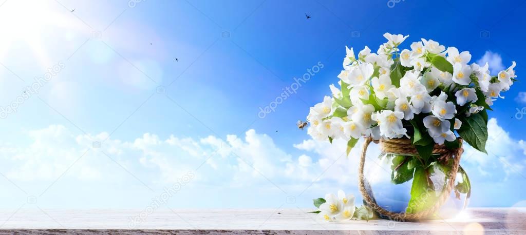 spring flowers a blue sky background;  Spring or summer Nature b