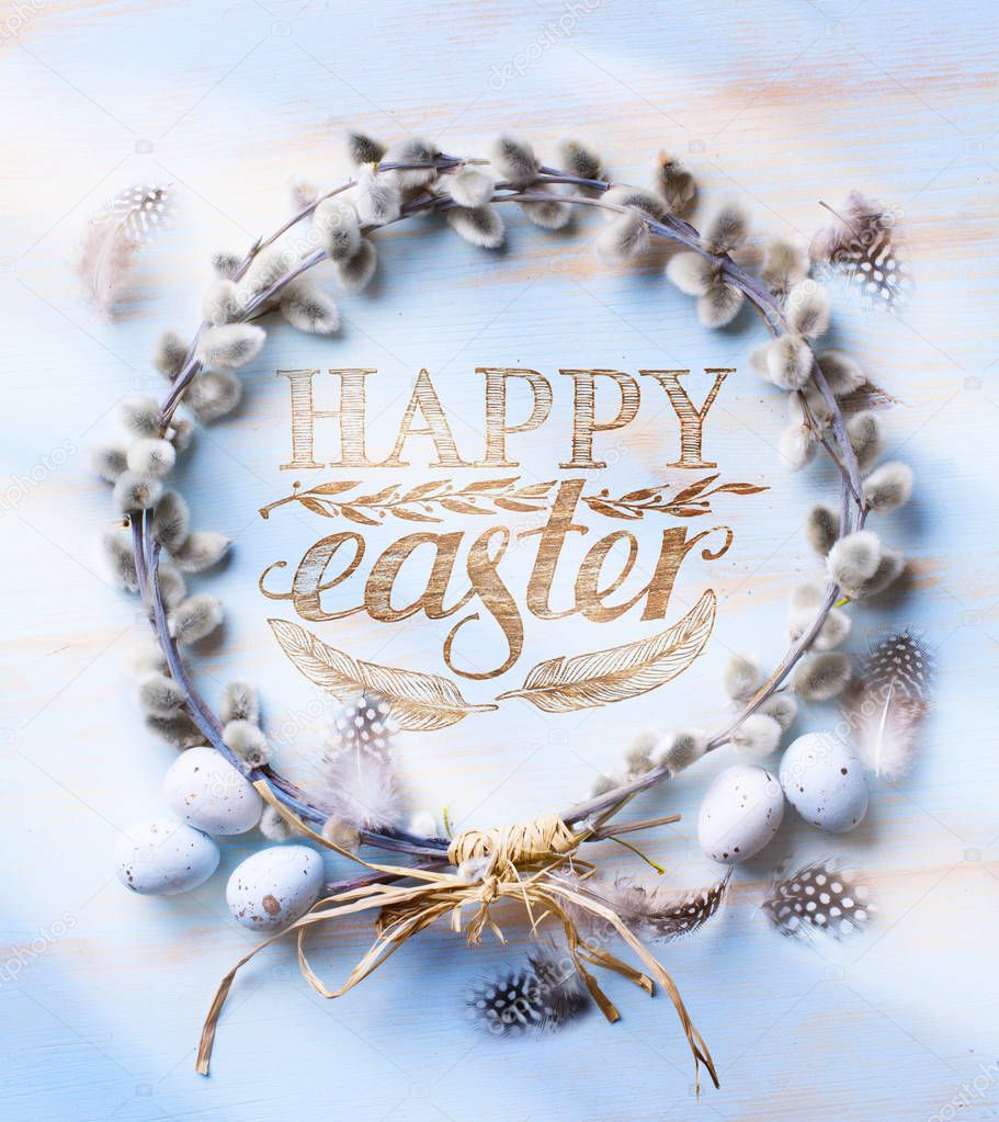 Easter background with Easter eggs and spring flowers. Top view 