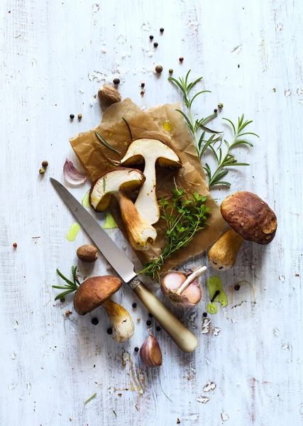 Fond de cuisine d'automne ; cèpes biologiques Champignon ; assaisonnement — Photo