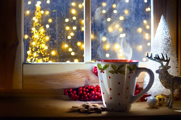 Bevanda calda di Natale e ornamento di vacanze; backgr di biglietto di Natale — Foto Stock