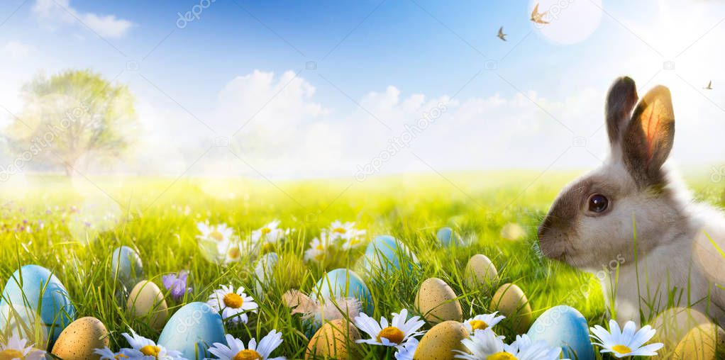 Easter bunny, Easter eggs and spring flower