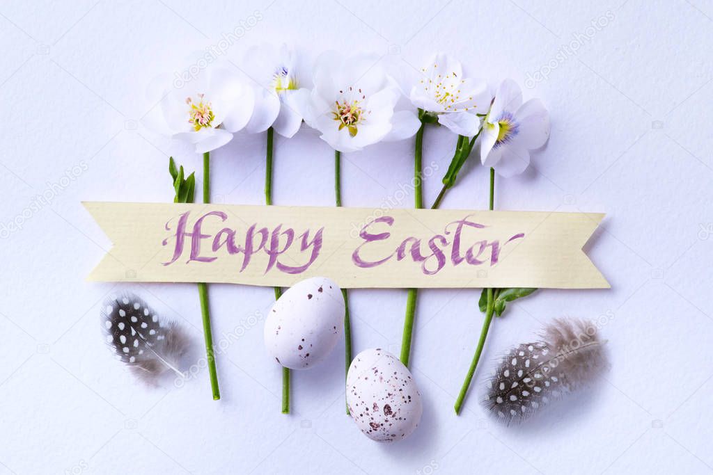 Happy Easter Day card; Decorated  Easter Eggs and Spring Flowers  on White Background; Holiday banner design