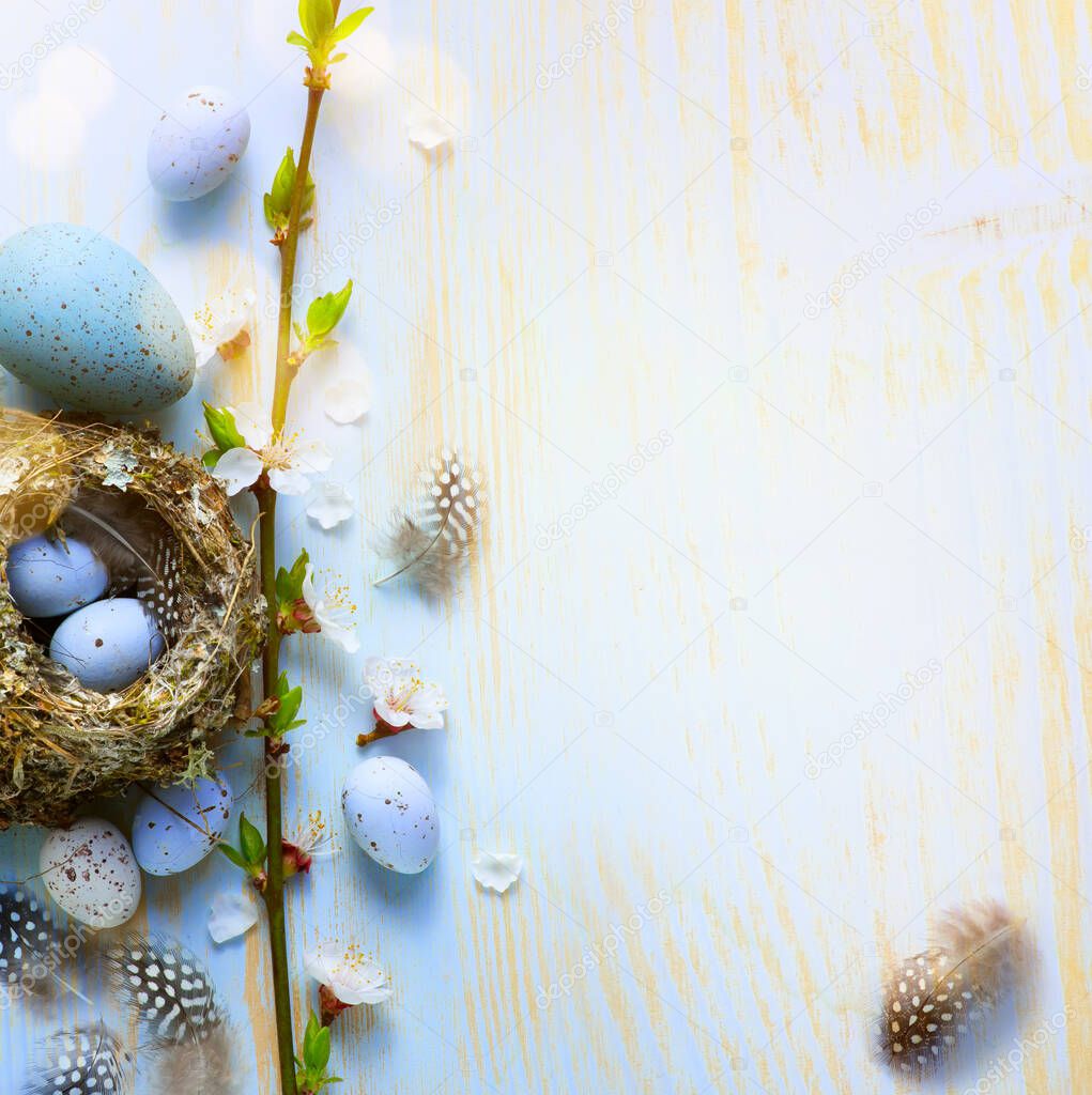 Holiday Easter banner or greeting card background; Spring tree flowers and Easter eggs in birds nest on sunny light  wooden backgroun