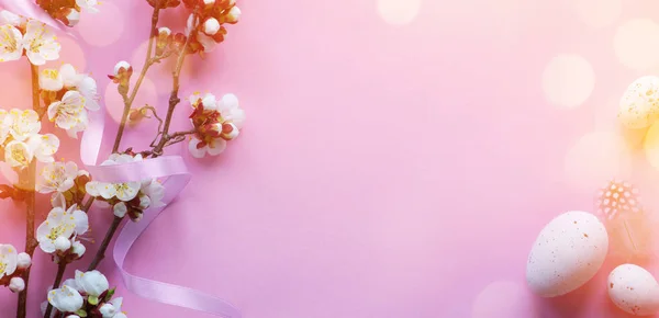 Hermosas Flores Cerezo Primavera Huevos Pascua Sobre Fondo Rosa Increíble — Foto de Stock
